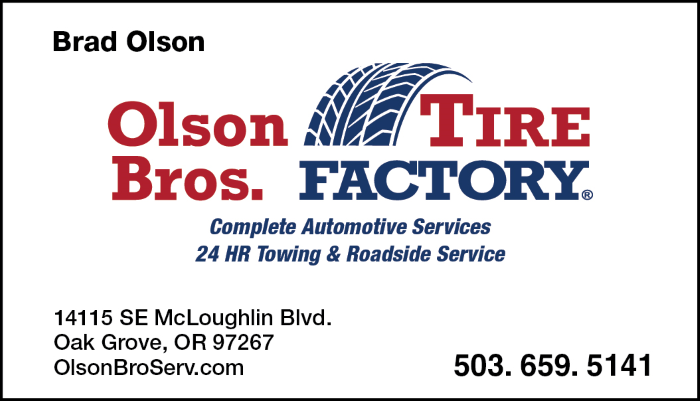 Olson Bros. Tire Factory Business Card